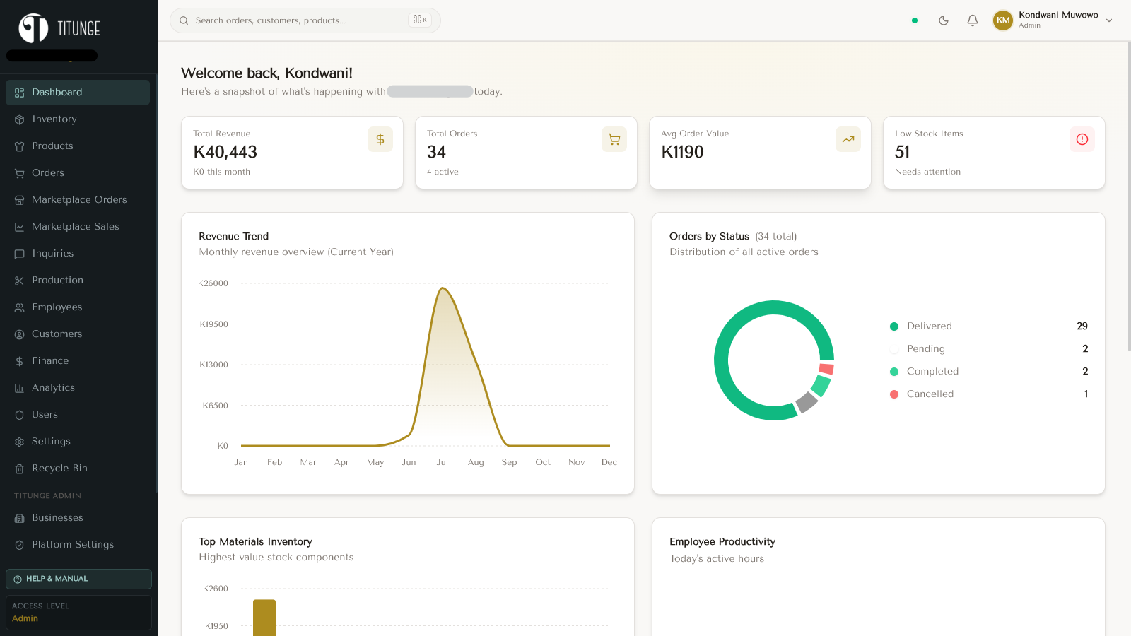 Titunge Tailoring ERP and Marketplace, screen 2