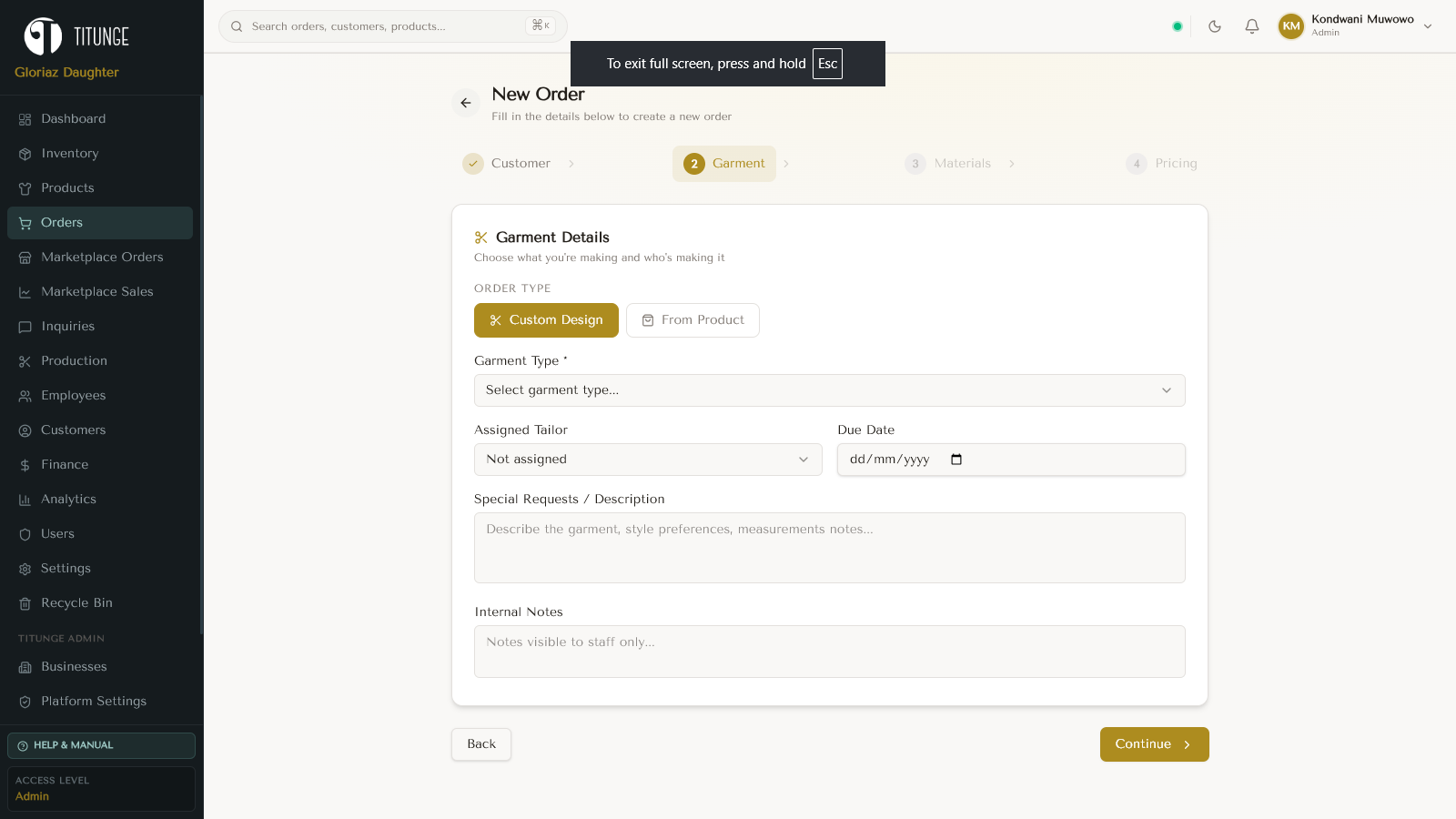 Titunge Tailoring ERP and Marketplace, screen 3