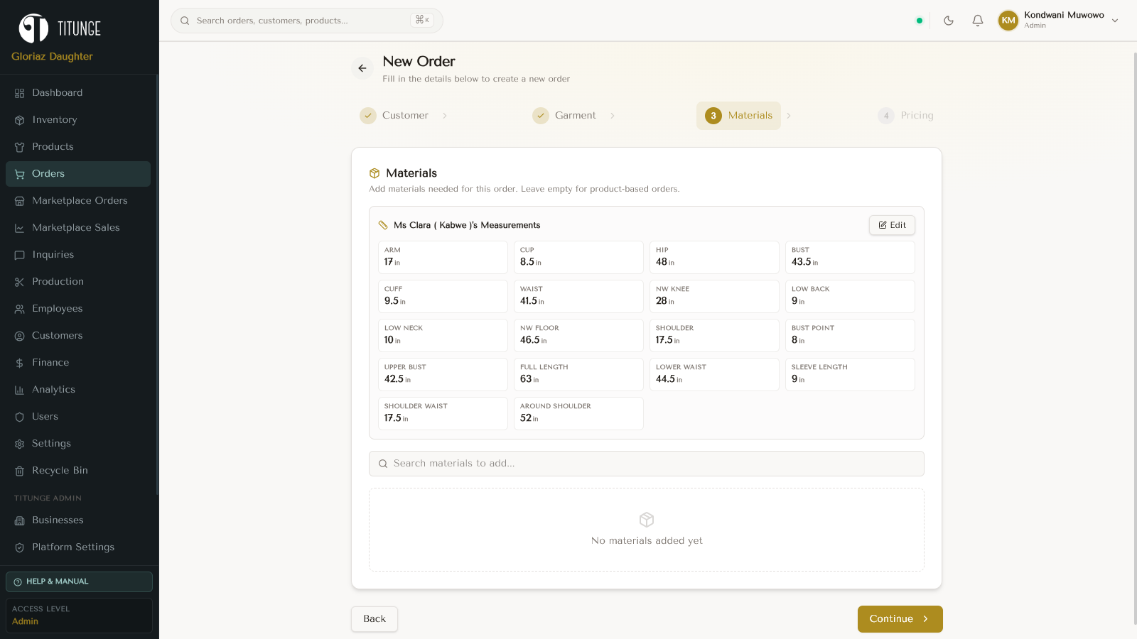 Titunge Tailoring ERP and Marketplace, screen 4